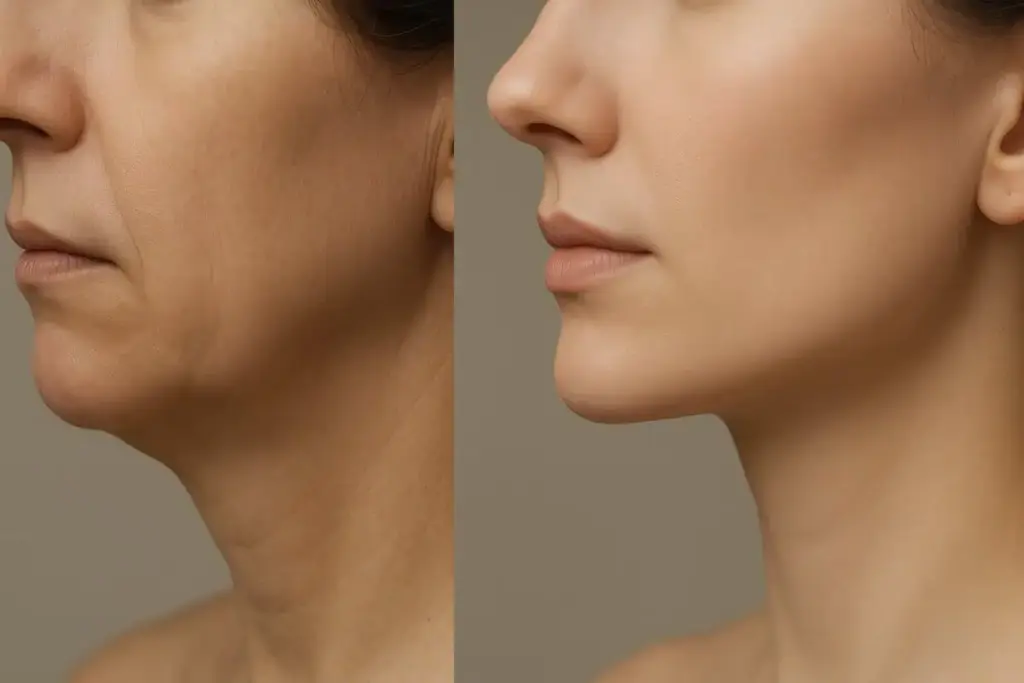 Kybella double chin treatment before and after in Sacramento CA at Pretty Please Aesthetics showing fat reduction and jawline contour